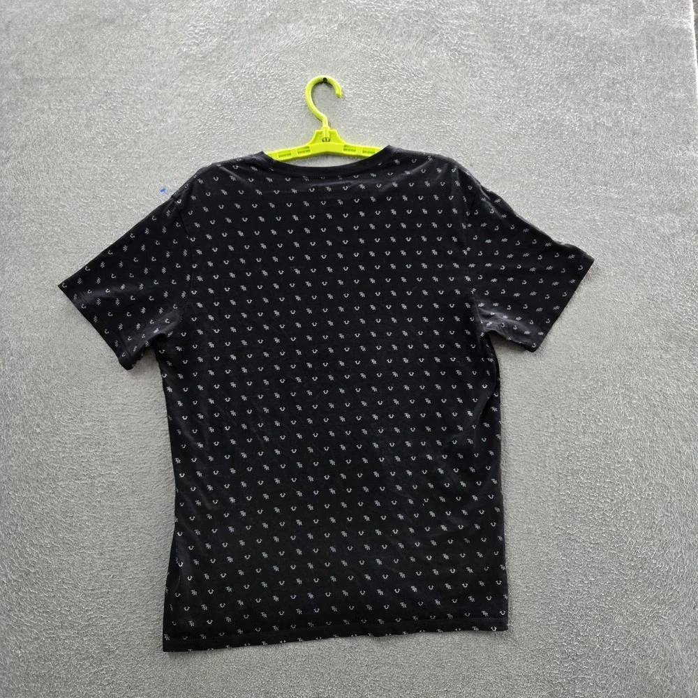 True Religion Men Shirt L Black Graphic All Over Monogram‎ Logo Short Sleeve